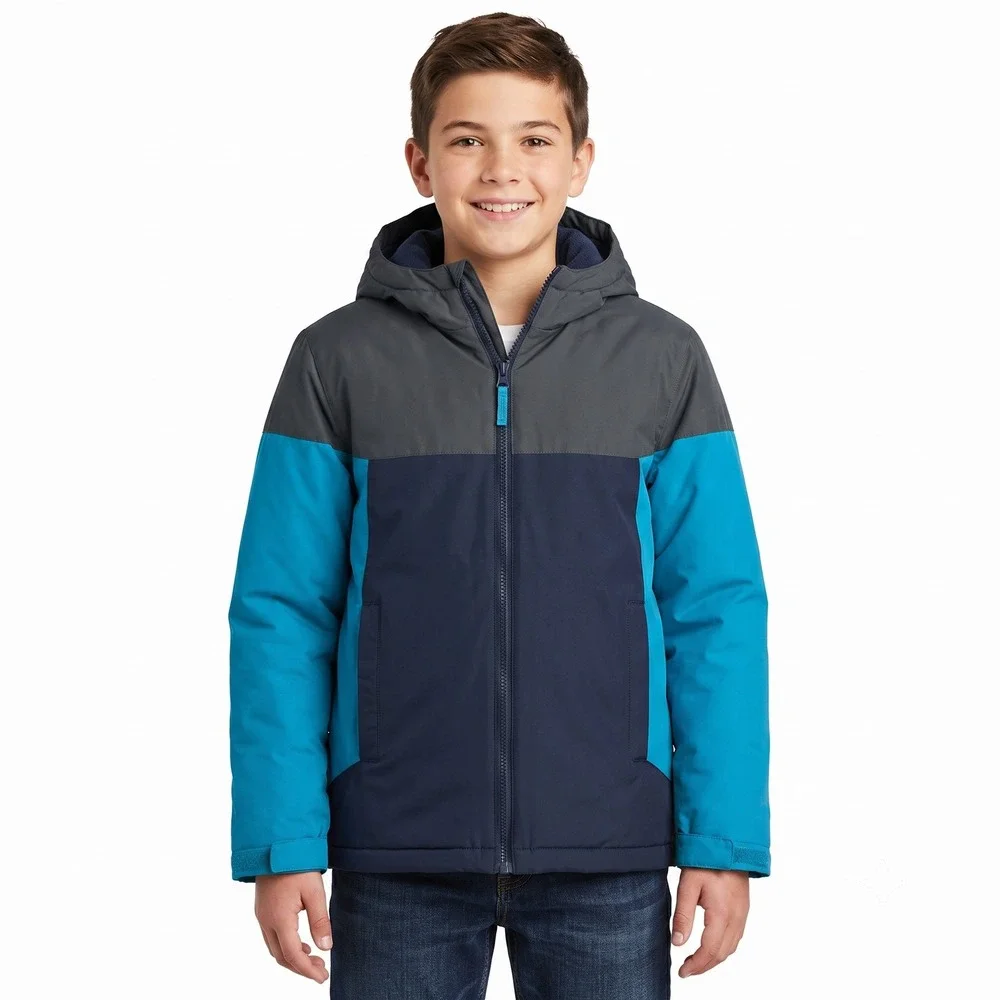 The Childrens Place Boys XL 14 Colorblock Hooded Puffer Jacket Blue Grey 2065338
